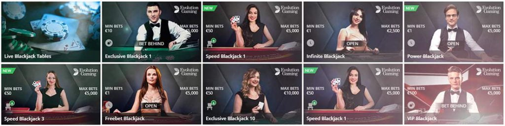 Live Blackjack tables by Evolution gaming