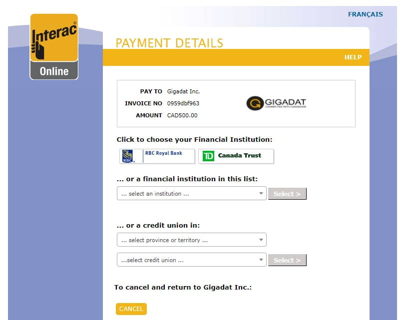 Making a $500 payment via Gigadat at an online casino via Interac