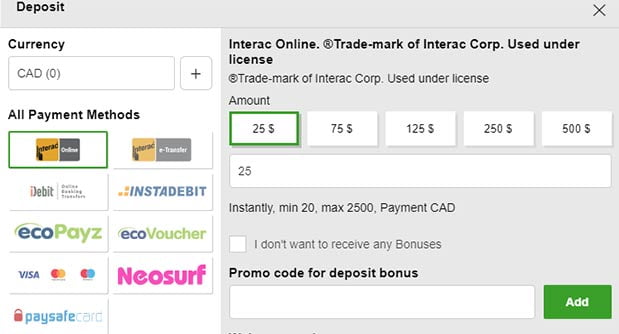 Selecting the Interac payment method to deposit real money